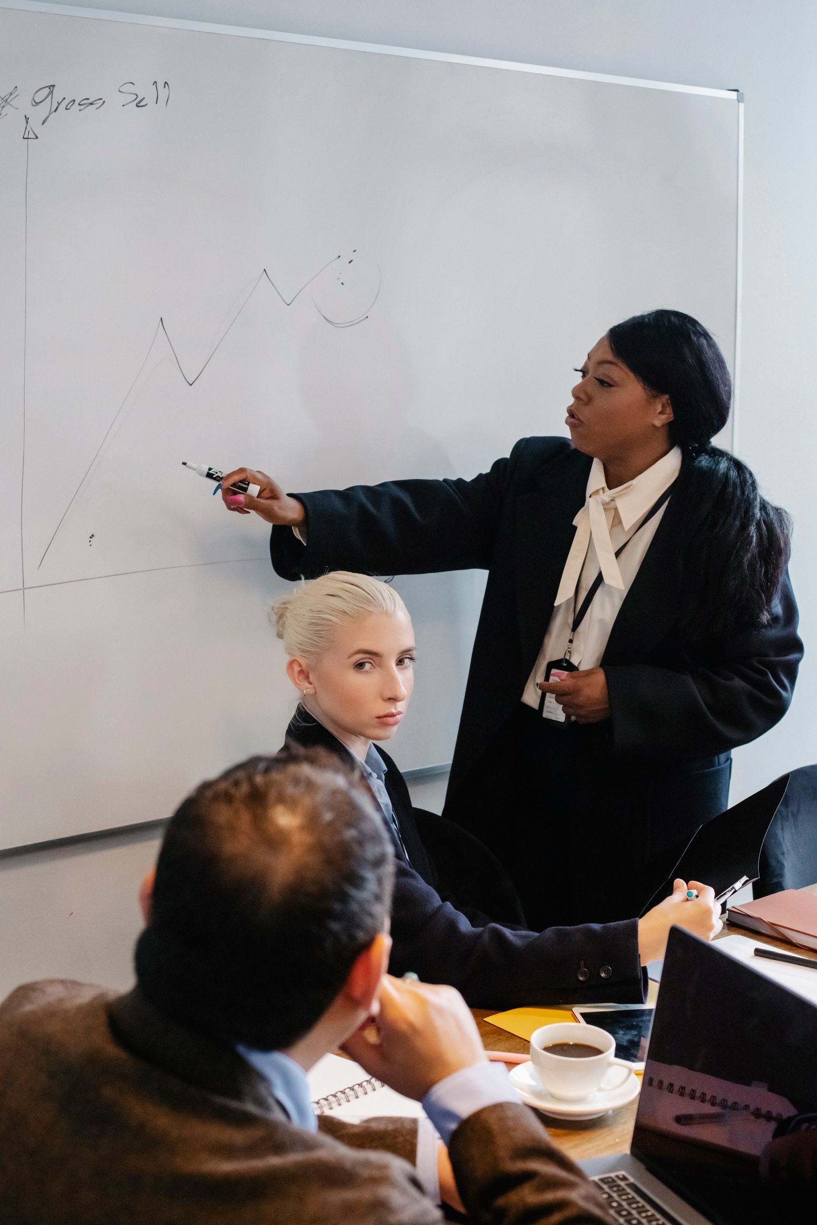 A businesswoman explaining financial results to her team